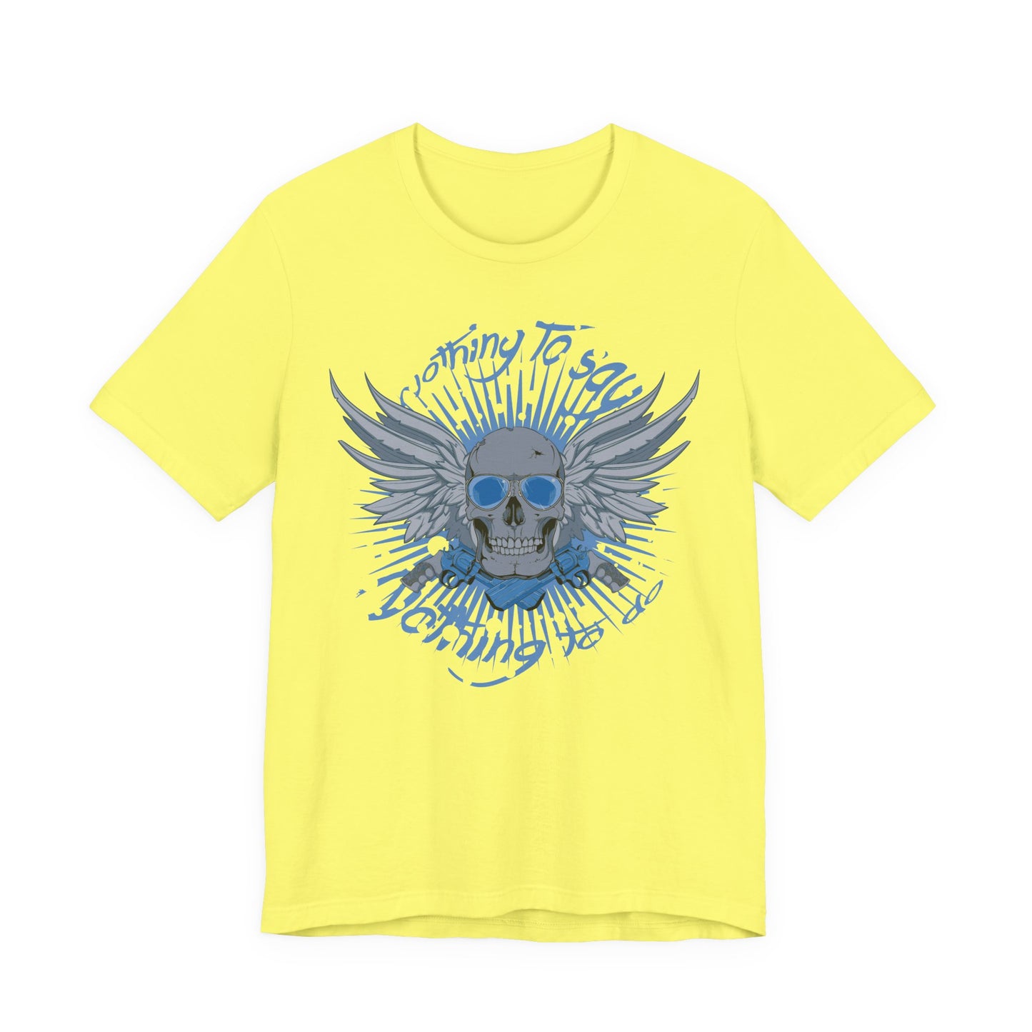 Winged Skull Graphic Tee | Blue Skull with Wings, Radiant Burst