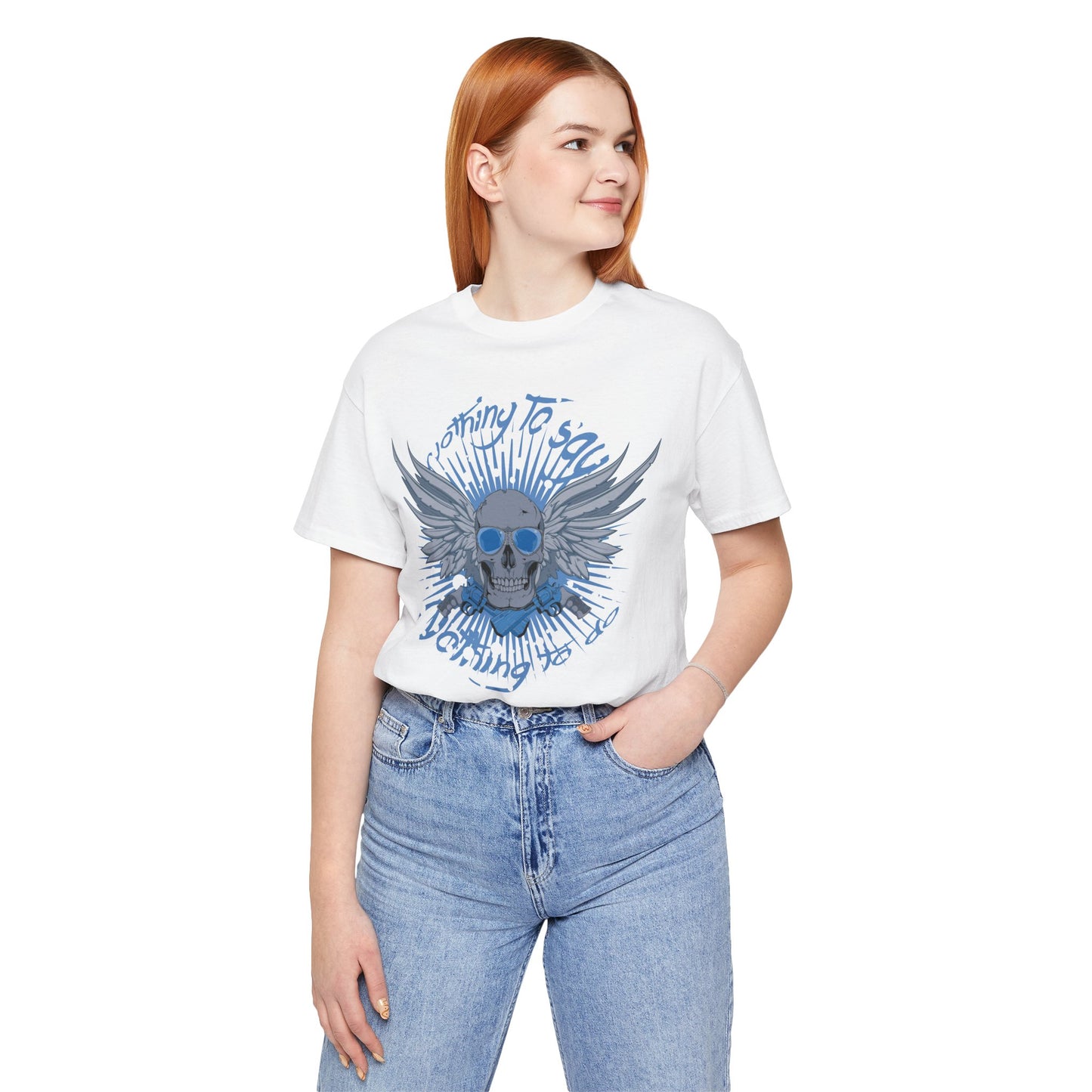 Winged Skull Graphic Tee | Blue Skull with Wings, Radiant Burst