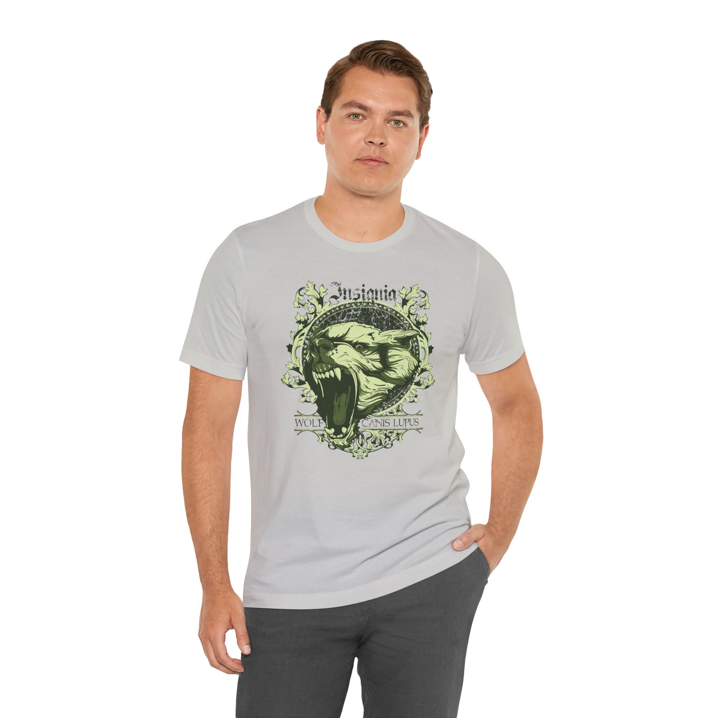 Howling Wolf Skull Tee Gothic Vintage Crest, Green Graphic Shirt Art-54
