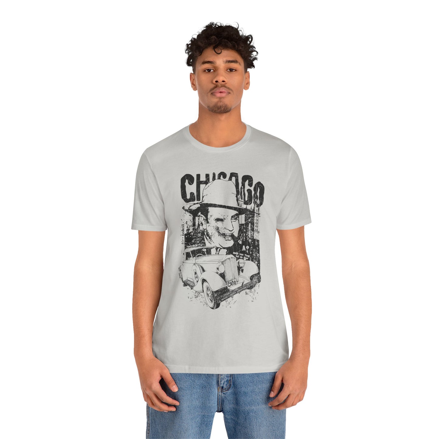 Chicago Retro Mobster Illustration Tee Vintage Car Cityscape Art Design T-Shirt A-8