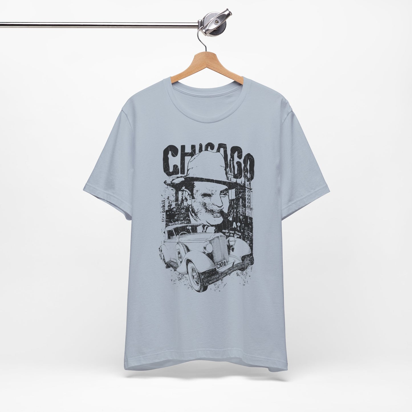 Chicago Retro Mobster Illustration Tee Vintage Car Cityscape Art Design T-Shirt A-8