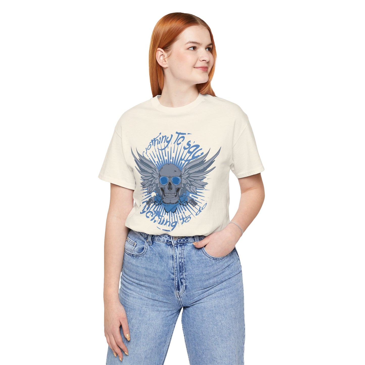 Winged Skull Graphic Tee | Blue Skull with Wings, Radiant Burst