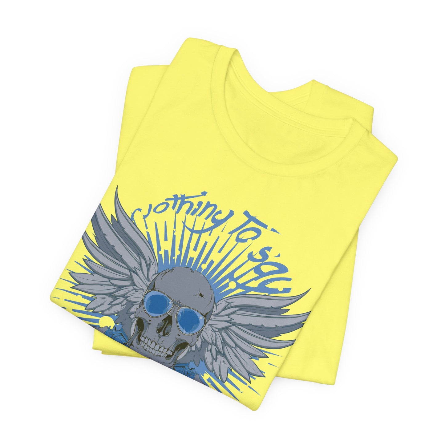 Winged Skull Graphic Tee | Blue Skull with Wings, Radiant Burst