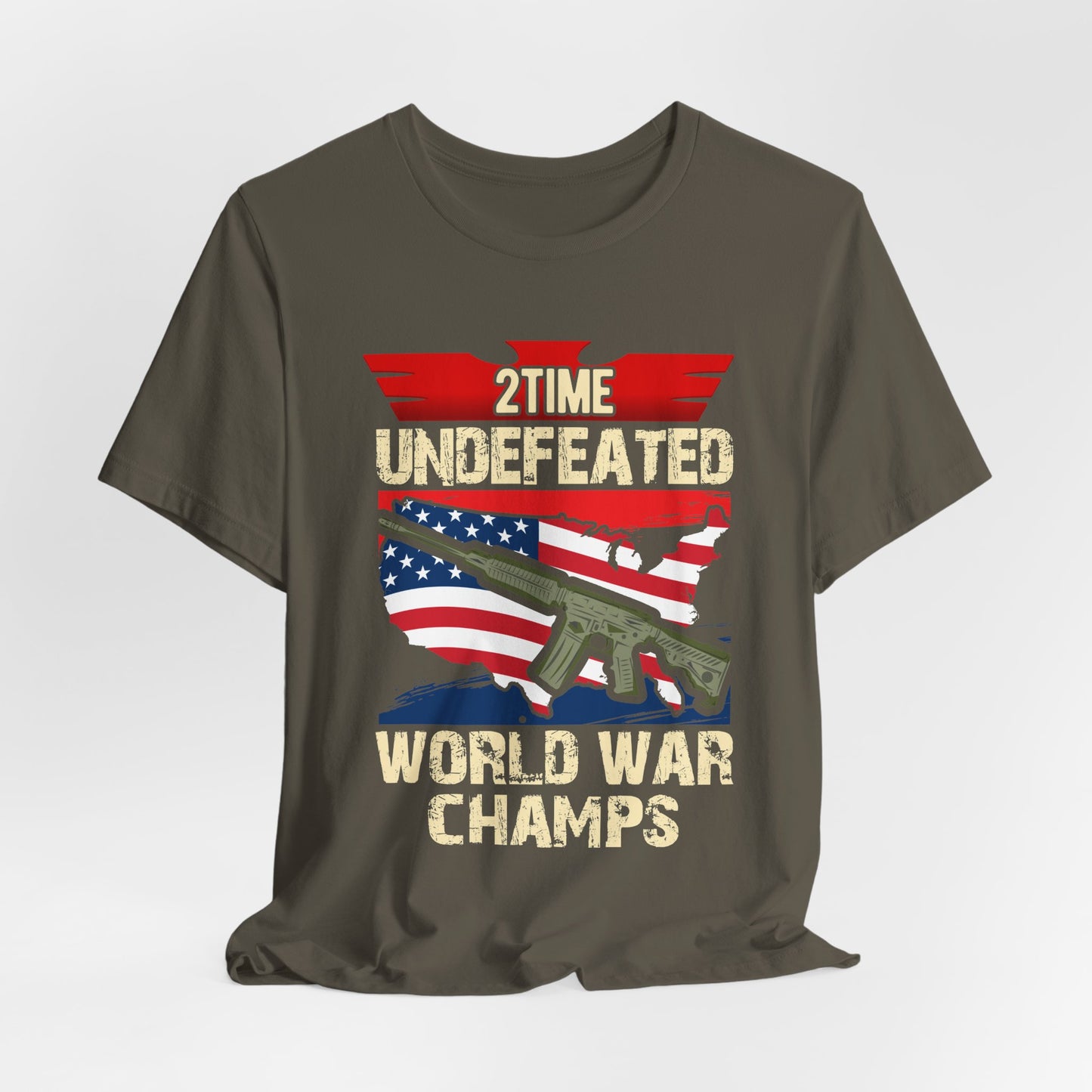 2Time Undefeated World War Champs T-Shirt American Flag Rifle Design Unisex Cotton v15