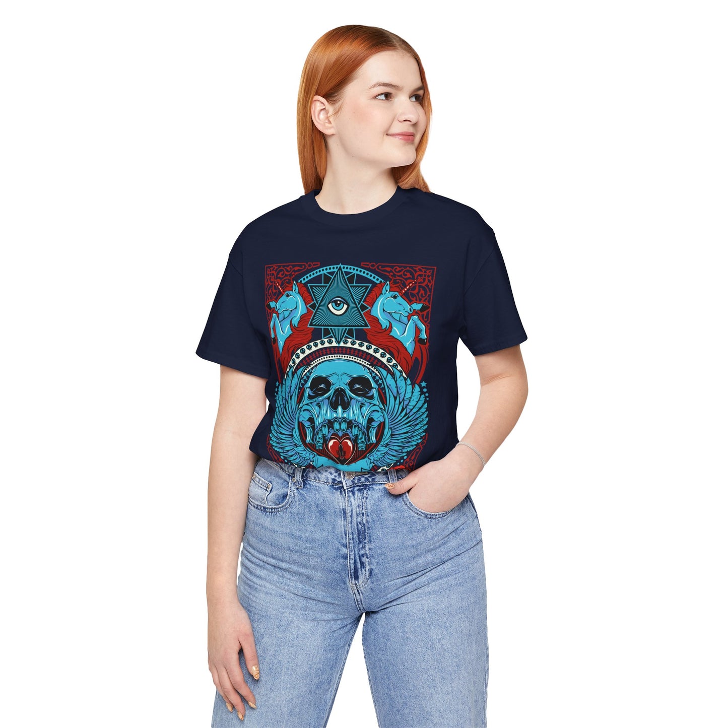 All-Seeing Skull Illustration Tee Winged Skull Third Eye Roses T-Shirt