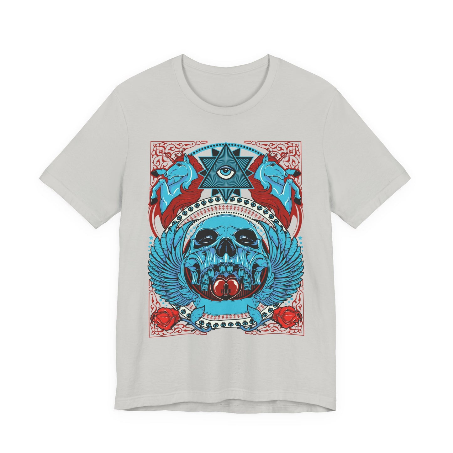All-Seeing Skull Illustration Tee Winged Skull Third Eye Roses T-Shirt