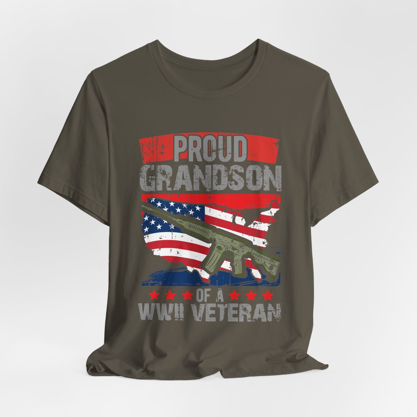 Proud Grandson of a WWII Veteran T-Shirt American Flag Rifle Graphic Unisex Cotton v16