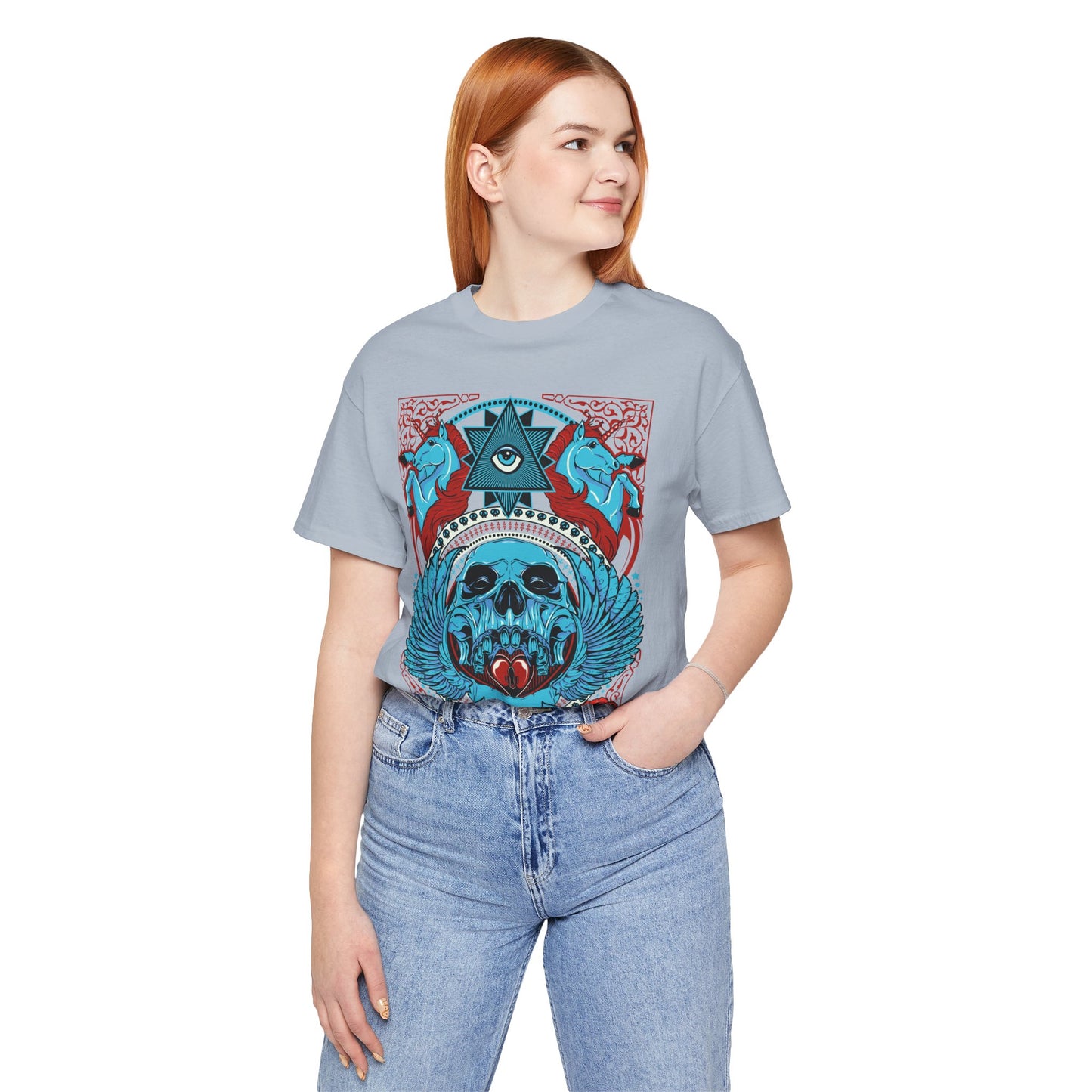 All-Seeing Skull Illustration Tee Winged Skull Third Eye Roses T-Shirt