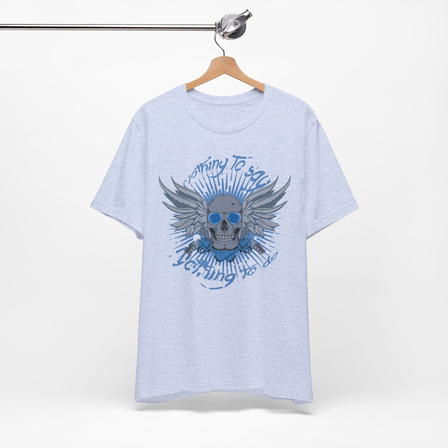 Winged Skull Graphic Tee | Blue Skull with Wings, Radiant Burst