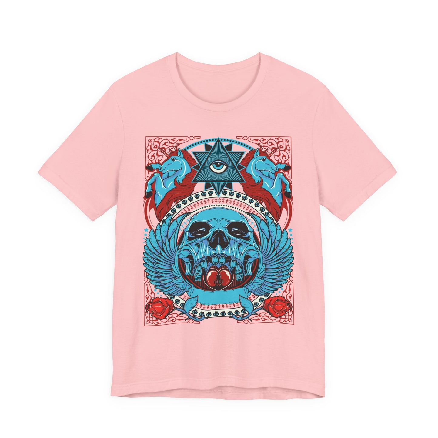 All-Seeing Skull Illustration Tee Winged Skull Third Eye Roses T-Shirt