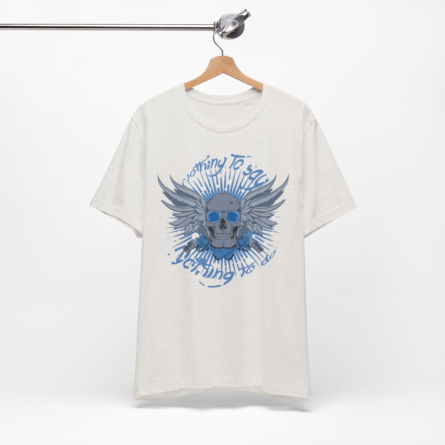 Winged Skull Graphic Tee | Blue Skull with Wings, Radiant Burst
