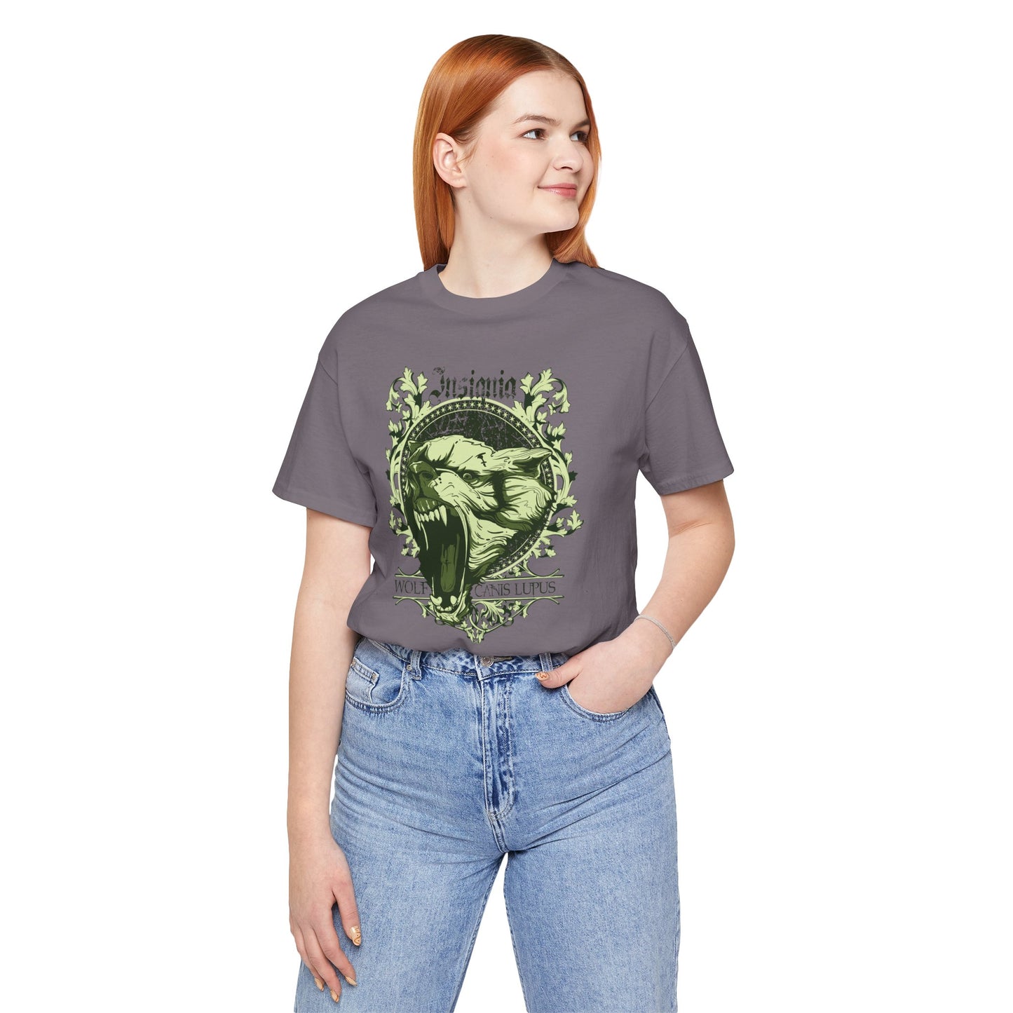 Howling Wolf Skull Tee Gothic Vintage Crest, Green Graphic Shirt Art-54