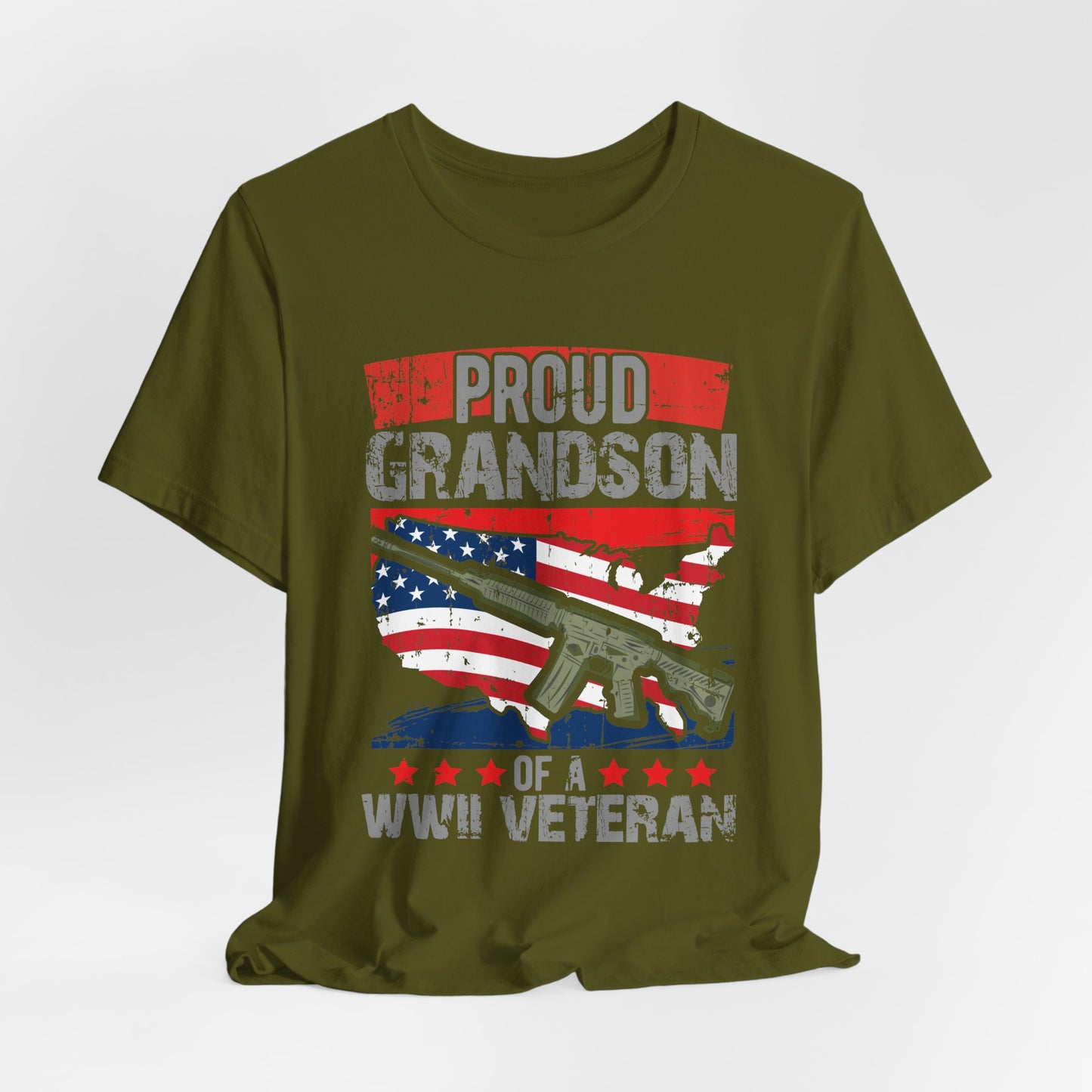 Proud Grandson of a WWII Veteran T-Shirt American Flag Rifle Graphic Unisex Cotton v16