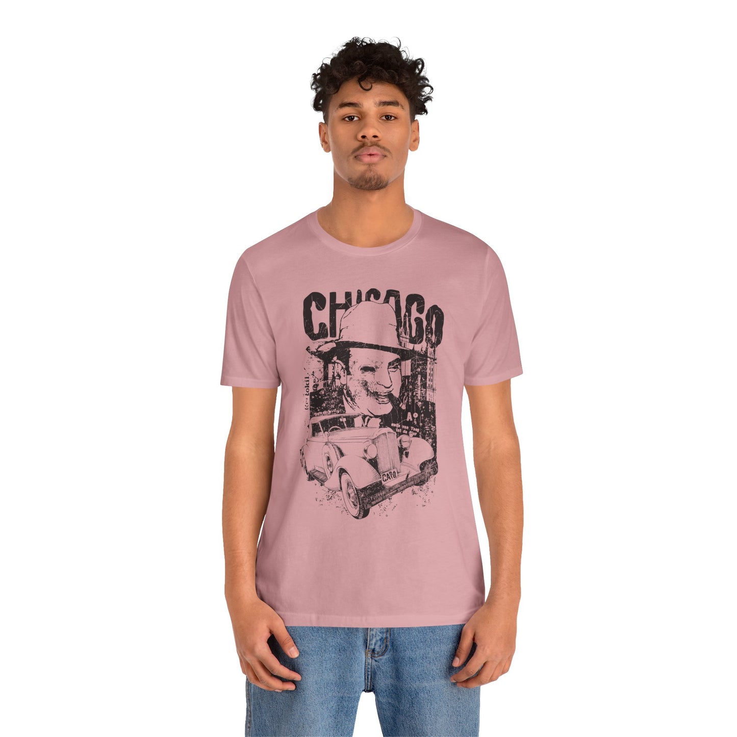 Chicago Retro Mobster Illustration Tee Vintage Car Cityscape Art Design T-Shirt A-8
