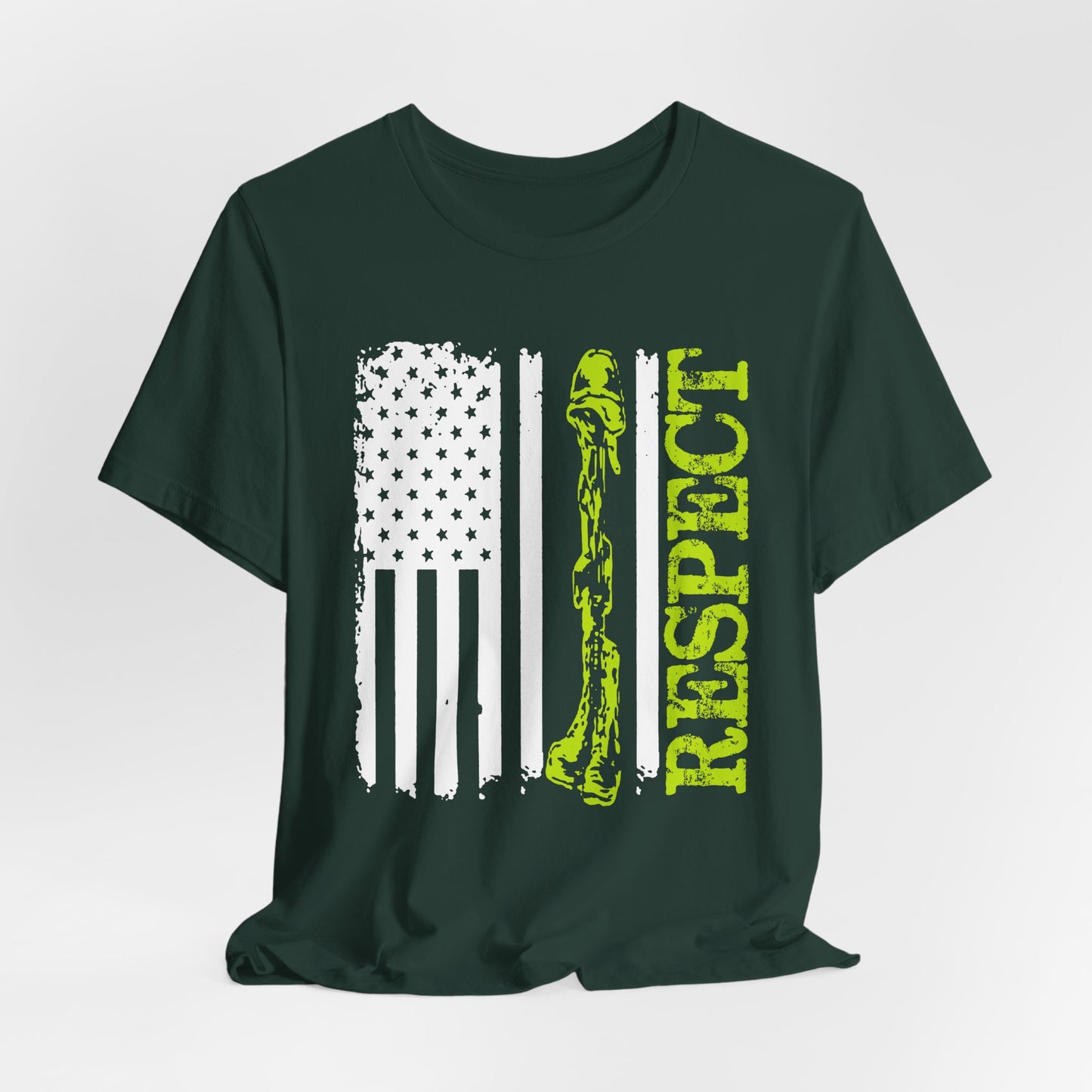 Respect Flag Rifle T-Shirt American Flag, Rifle Silhouette Military Tribute Unisex Cotton v57