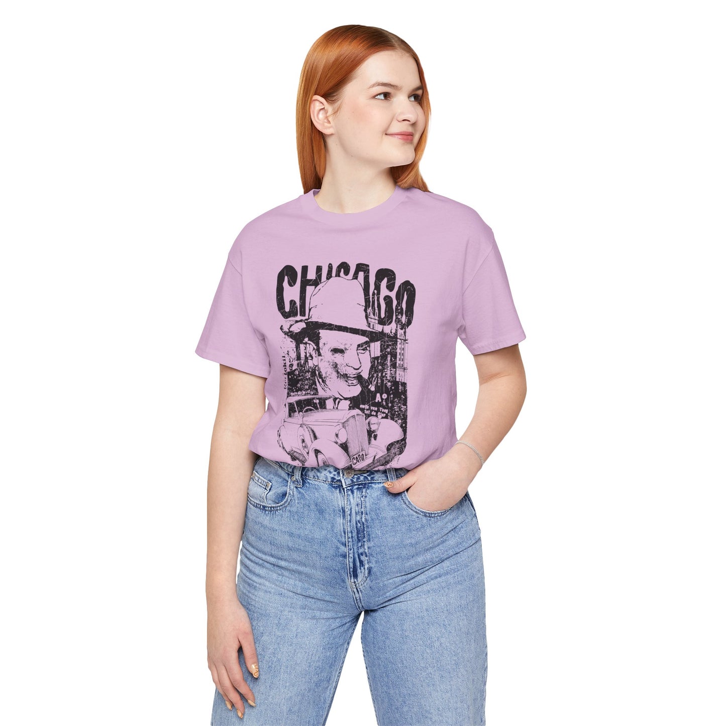 Chicago Retro Mobster Illustration Tee Vintage Car Cityscape Art Design T-Shirt A-8