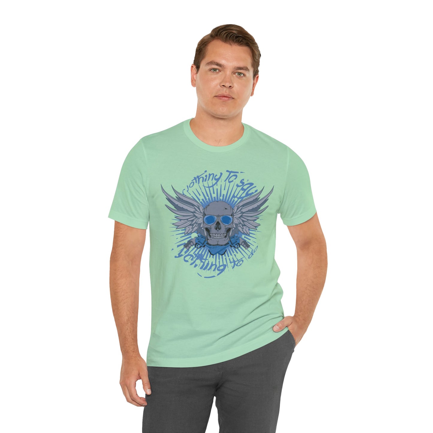 Winged Skull Graphic Tee | Blue Skull with Wings, Radiant Burst