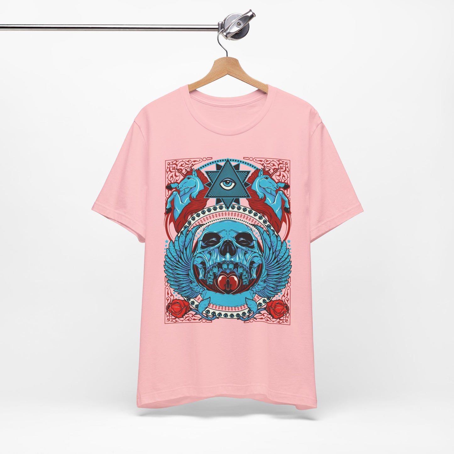 All-Seeing Skull Illustration Tee Winged Skull Third Eye Roses T-Shirt