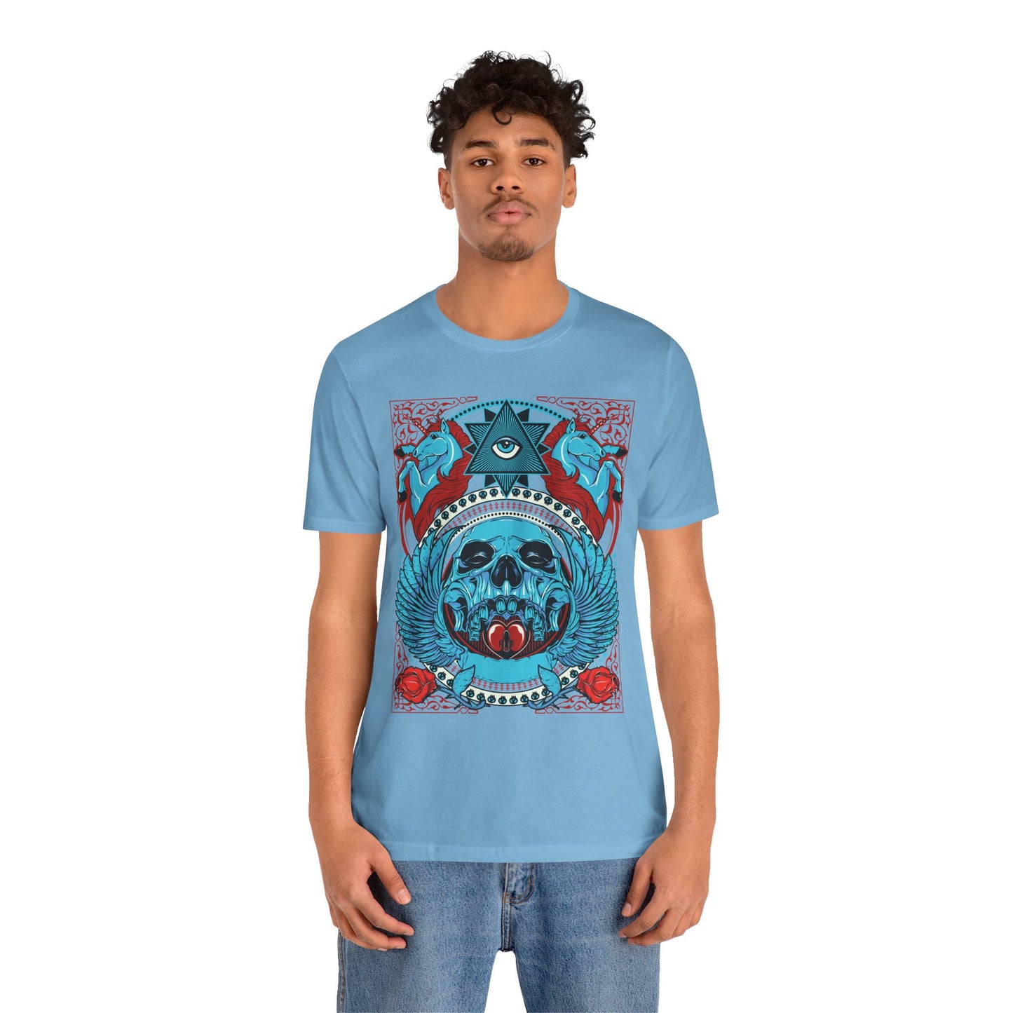 All-Seeing Skull Illustration Tee Winged Skull Third Eye Roses T-Shirt