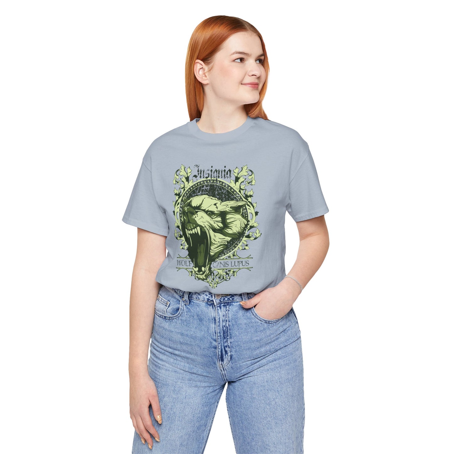 Howling Wolf Skull Tee Gothic Vintage Crest, Green Graphic Shirt Art-54