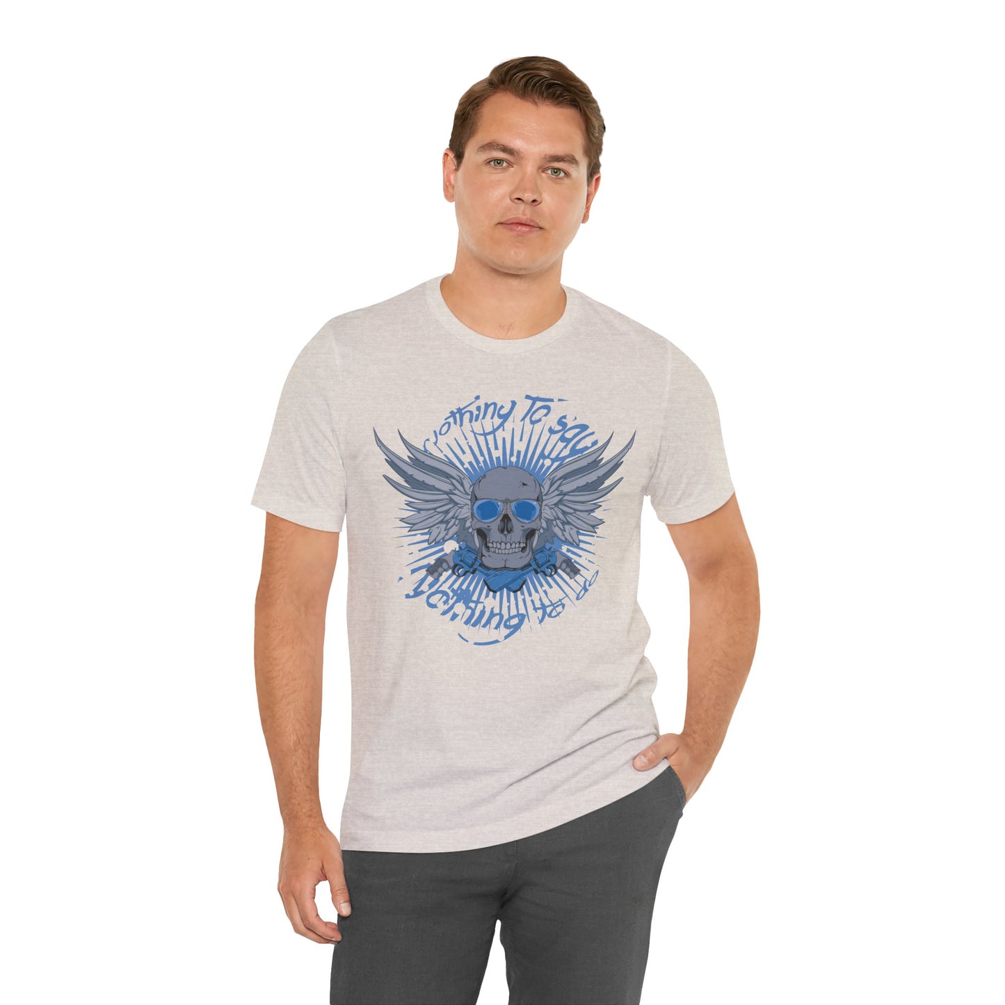 Winged Skull Graphic Tee | Blue Skull with Wings, Radiant Burst