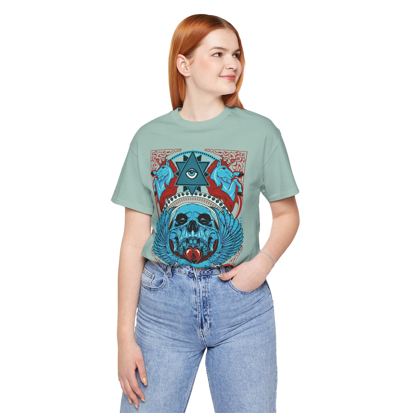 All-Seeing Skull Illustration Tee Winged Skull Third Eye Roses T-Shirt
