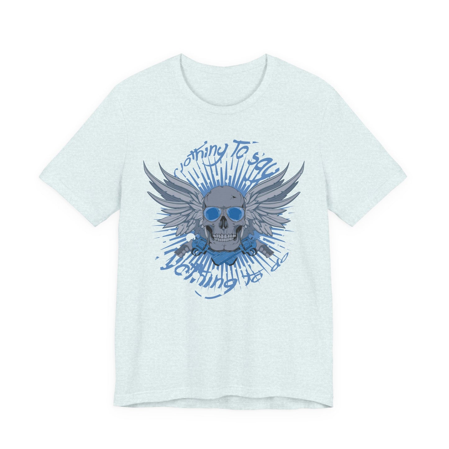 Winged Skull Graphic Tee | Blue Skull with Wings, Radiant Burst