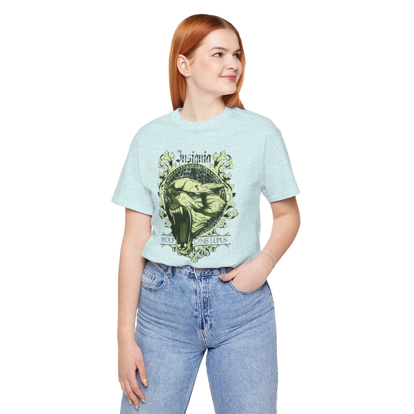 Howling Wolf Skull Tee Gothic Vintage Crest, Green Graphic Shirt Art-54