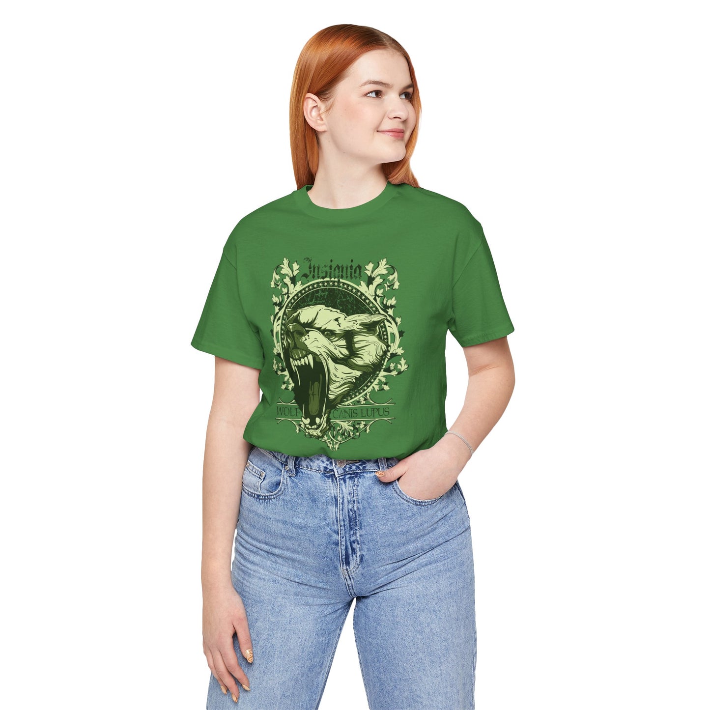 Howling Wolf Skull Tee Gothic Vintage Crest, Green Graphic Shirt Art-54