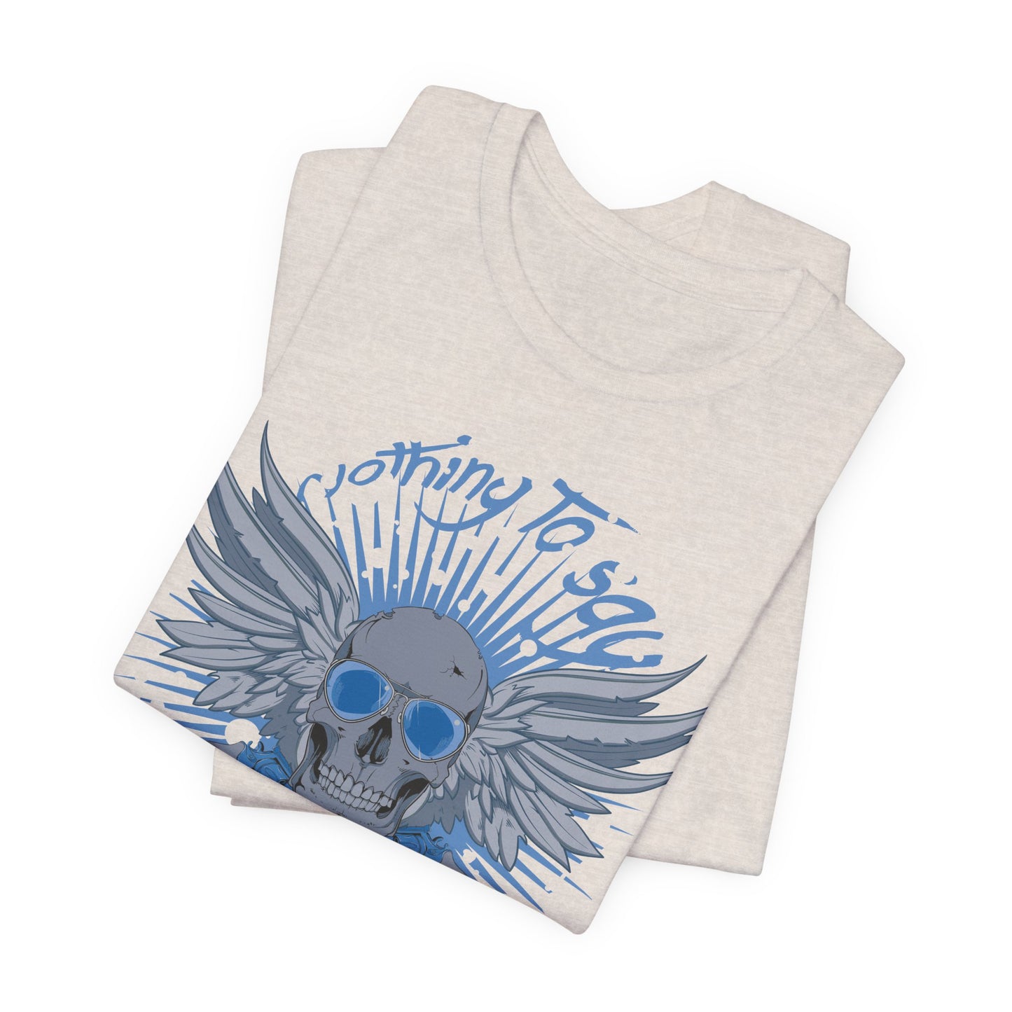 Winged Skull Graphic Tee | Blue Skull with Wings, Radiant Burst