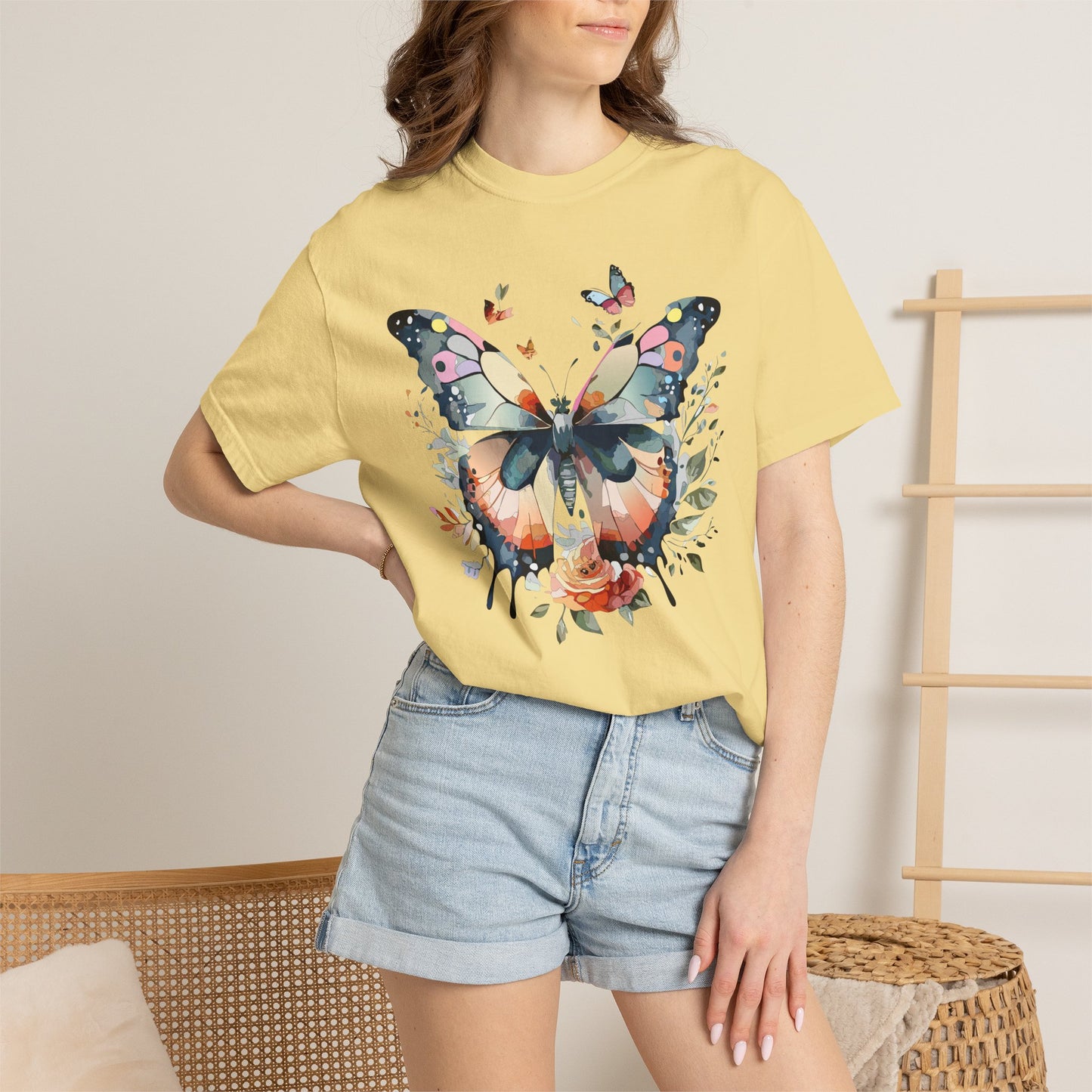Butterfly Floral Print T-Shirt Botanical Design Unisex Heavy Cotton Tee b3