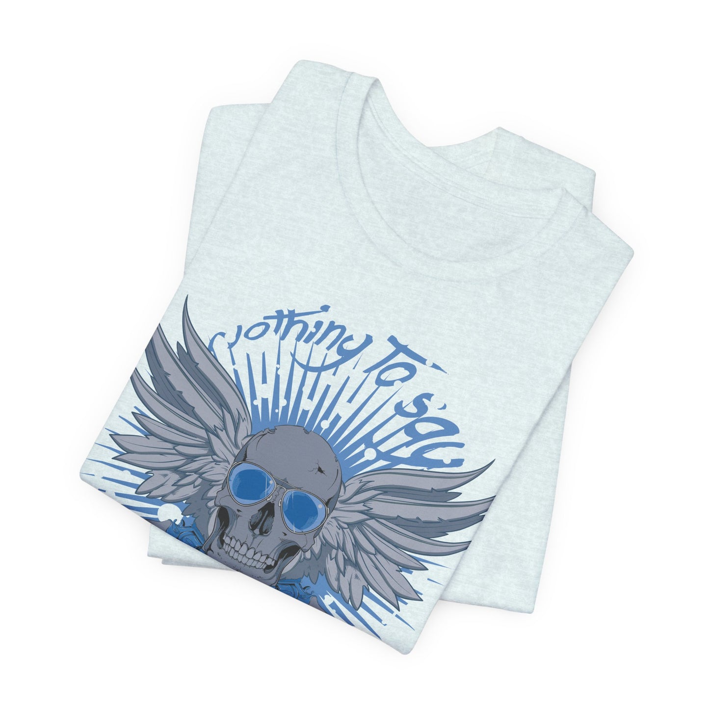 Winged Skull Graphic Tee | Blue Skull with Wings, Radiant Burst