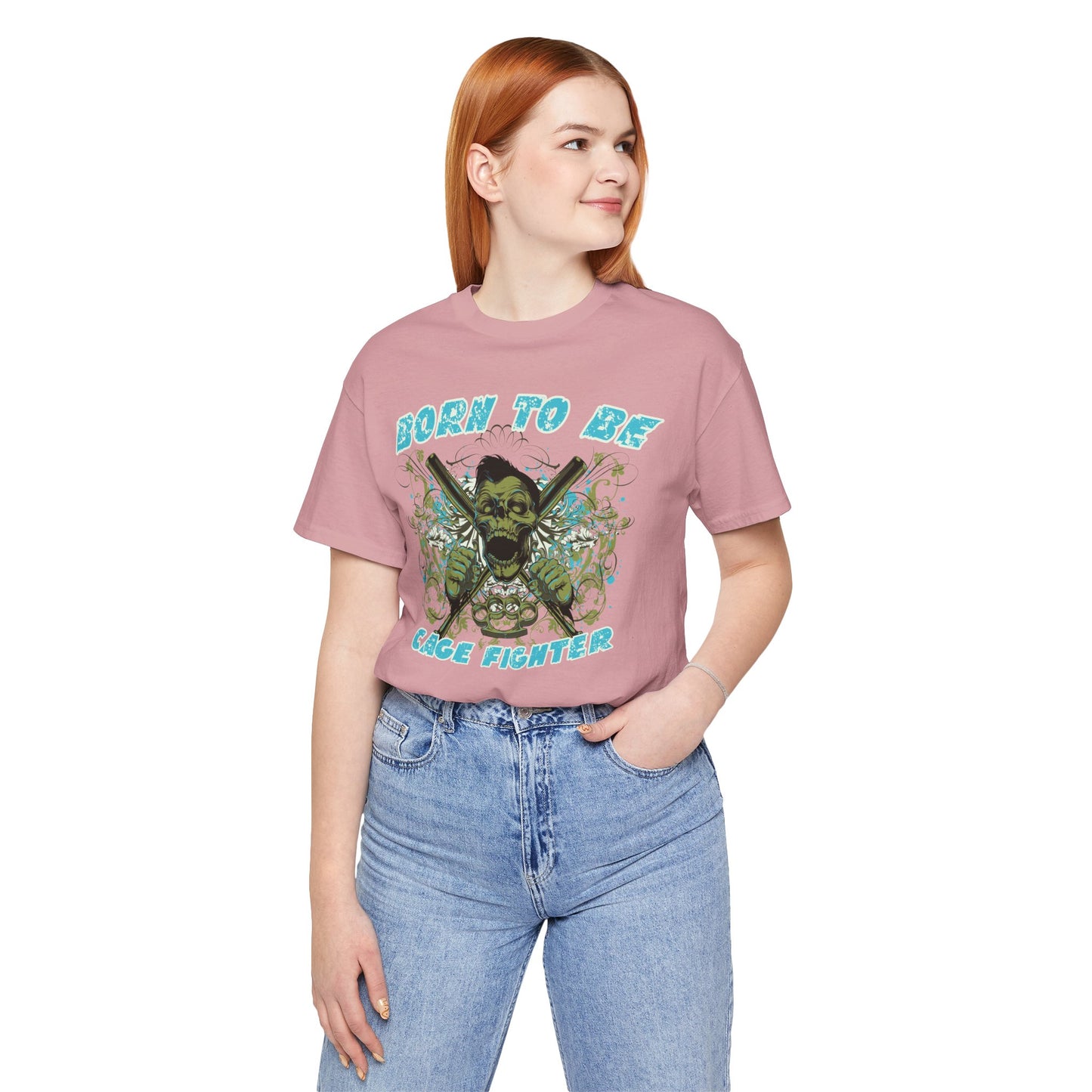 Born To Be Cage Fighter Tee Skull Crossed Knives Graphic T-Shirt