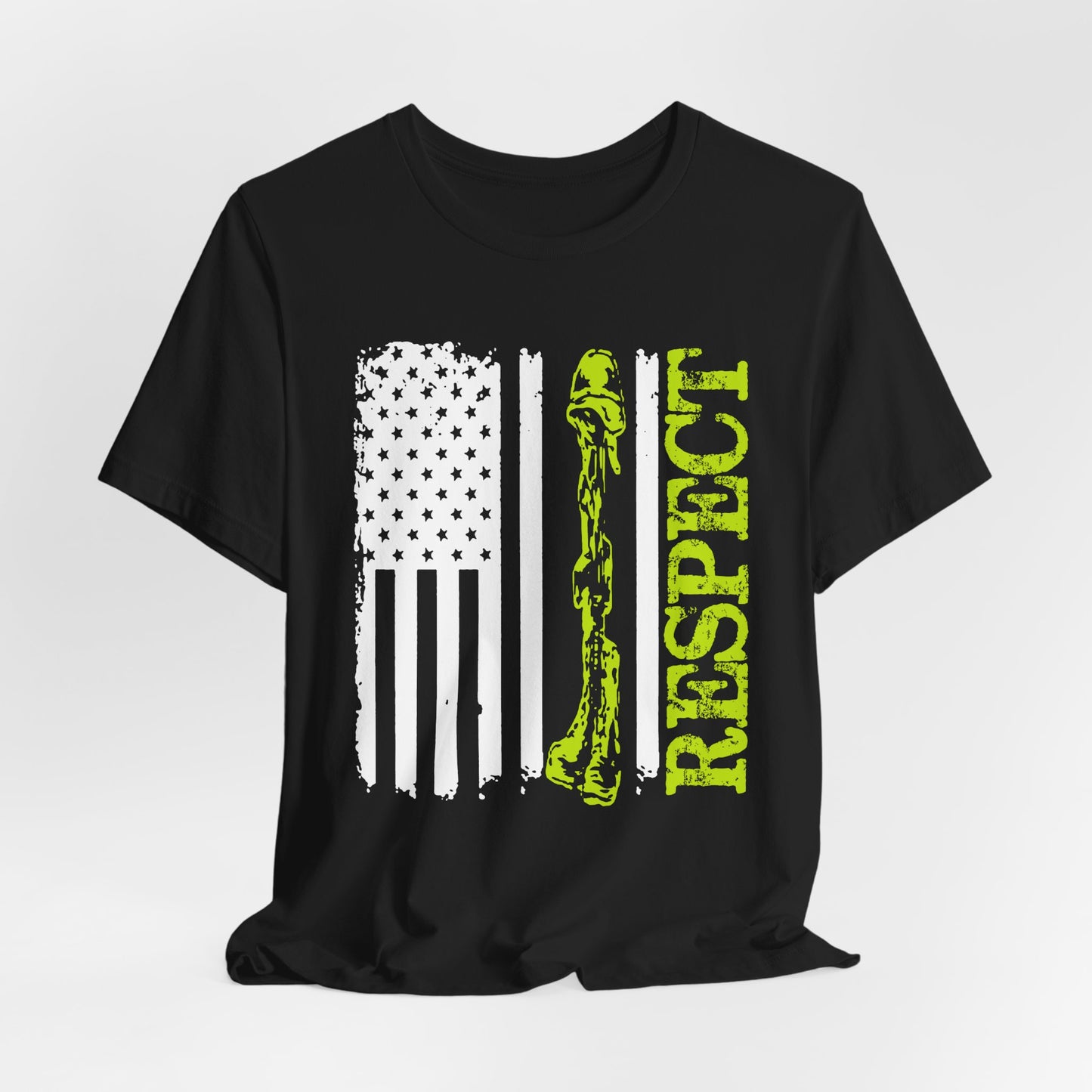 Respect Flag Rifle T-Shirt American Flag, Rifle Silhouette Military Tribute Unisex Cotton v57
