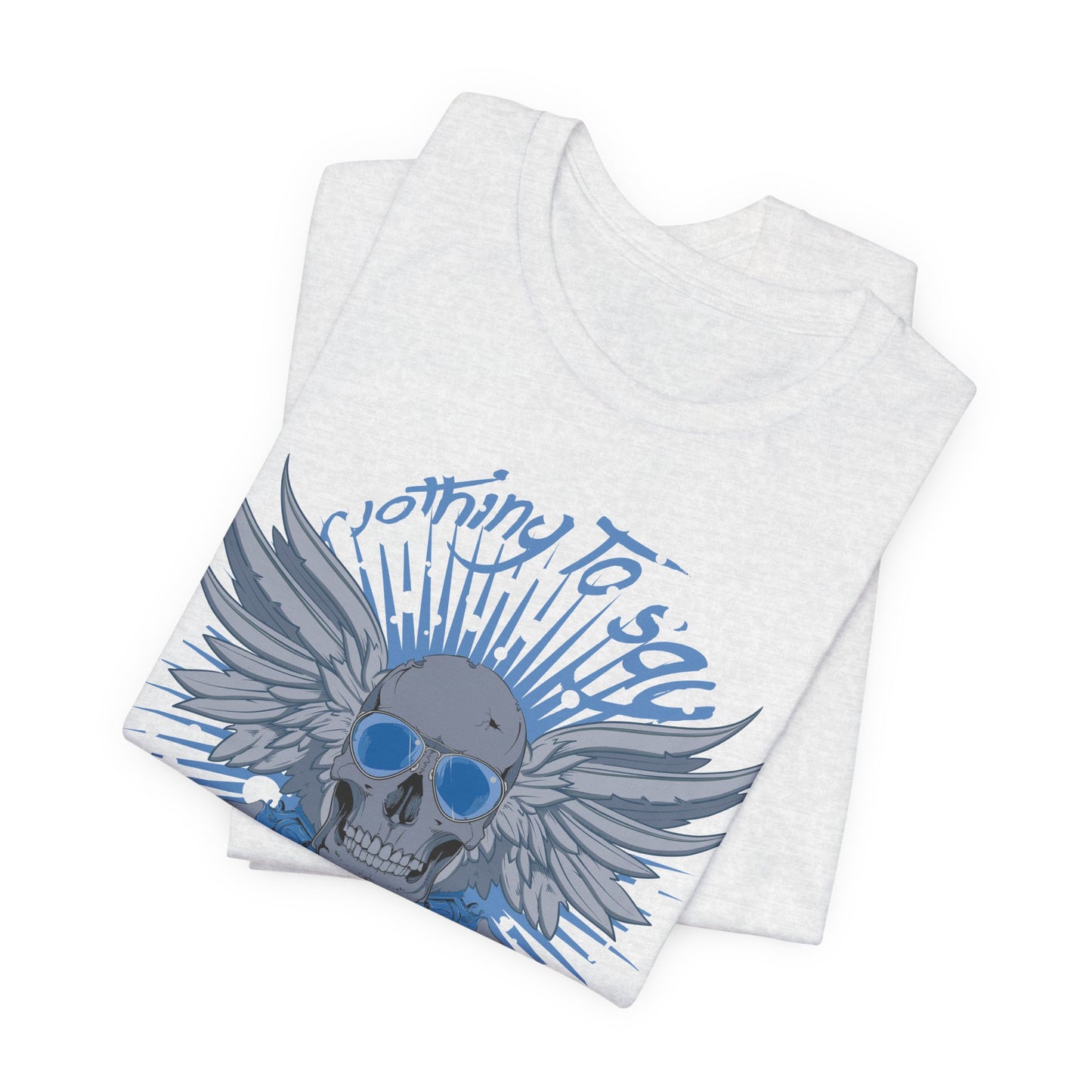 Winged Skull Graphic Tee | Blue Skull with Wings, Radiant Burst