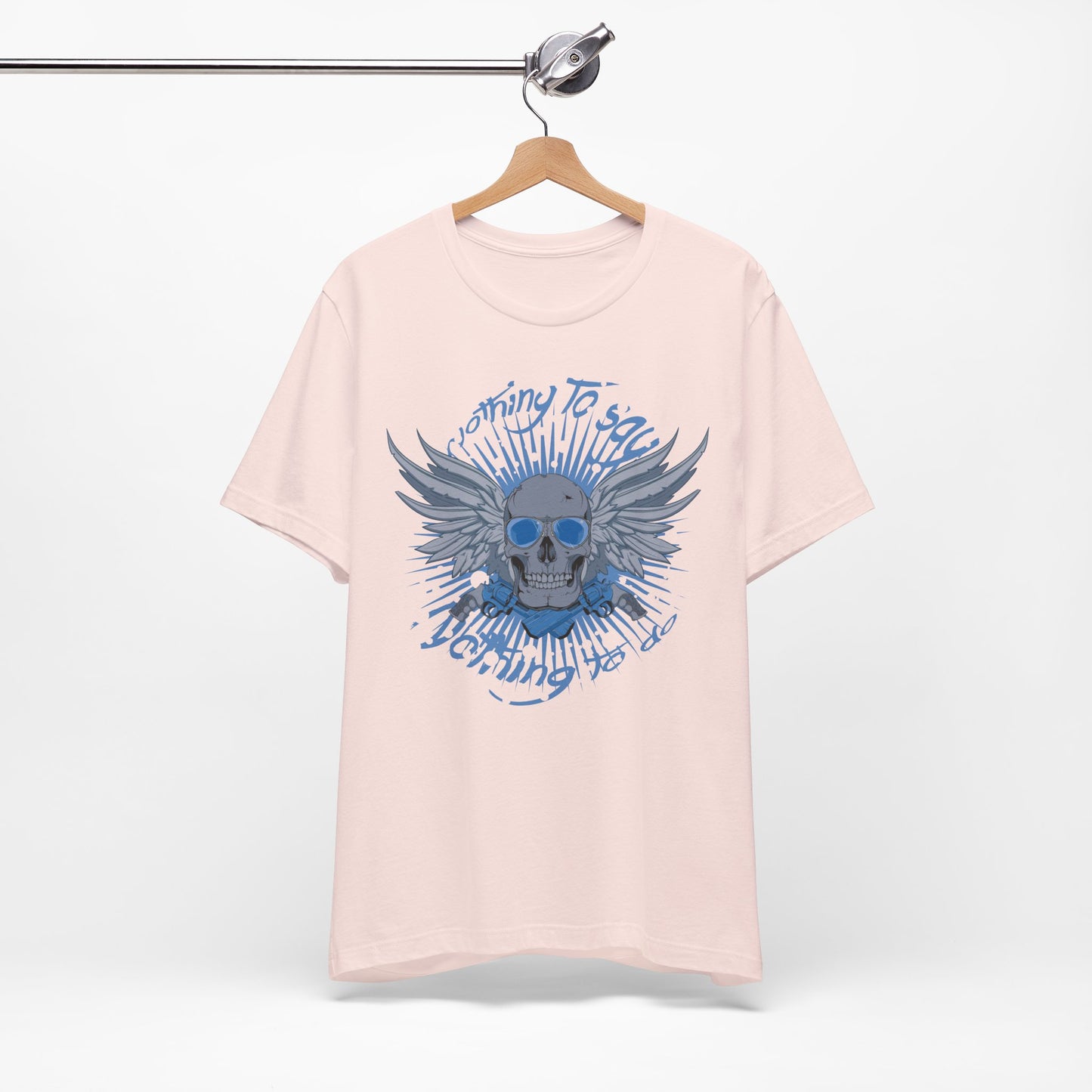 Winged Skull Graphic Tee | Blue Skull with Wings, Radiant Burst
