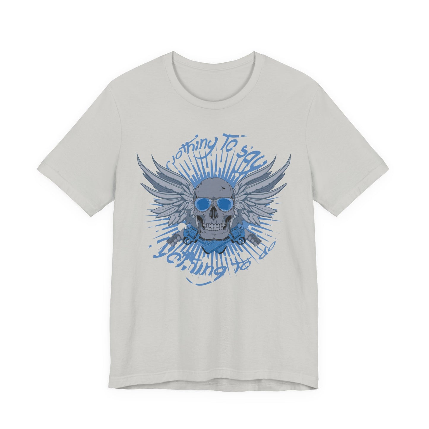 Winged Skull Graphic Tee | Blue Skull with Wings, Radiant Burst