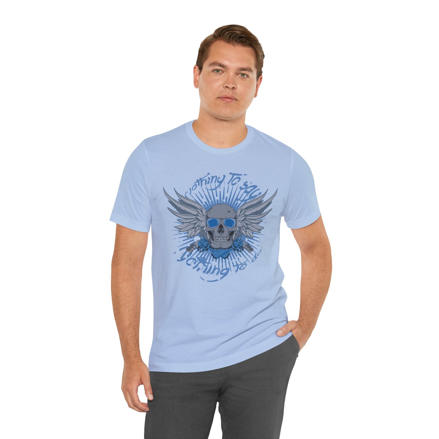Winged Skull Graphic Tee | Blue Skull with Wings, Radiant Burst