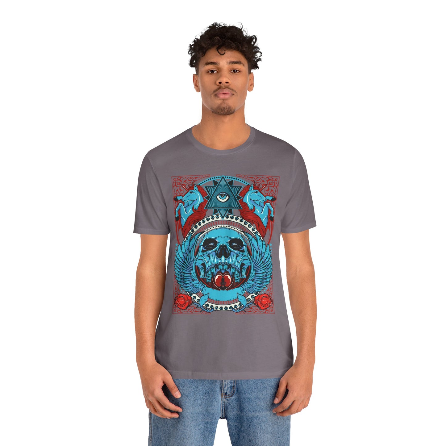 All-Seeing Skull Illustration Tee Winged Skull Third Eye Roses T-Shirt