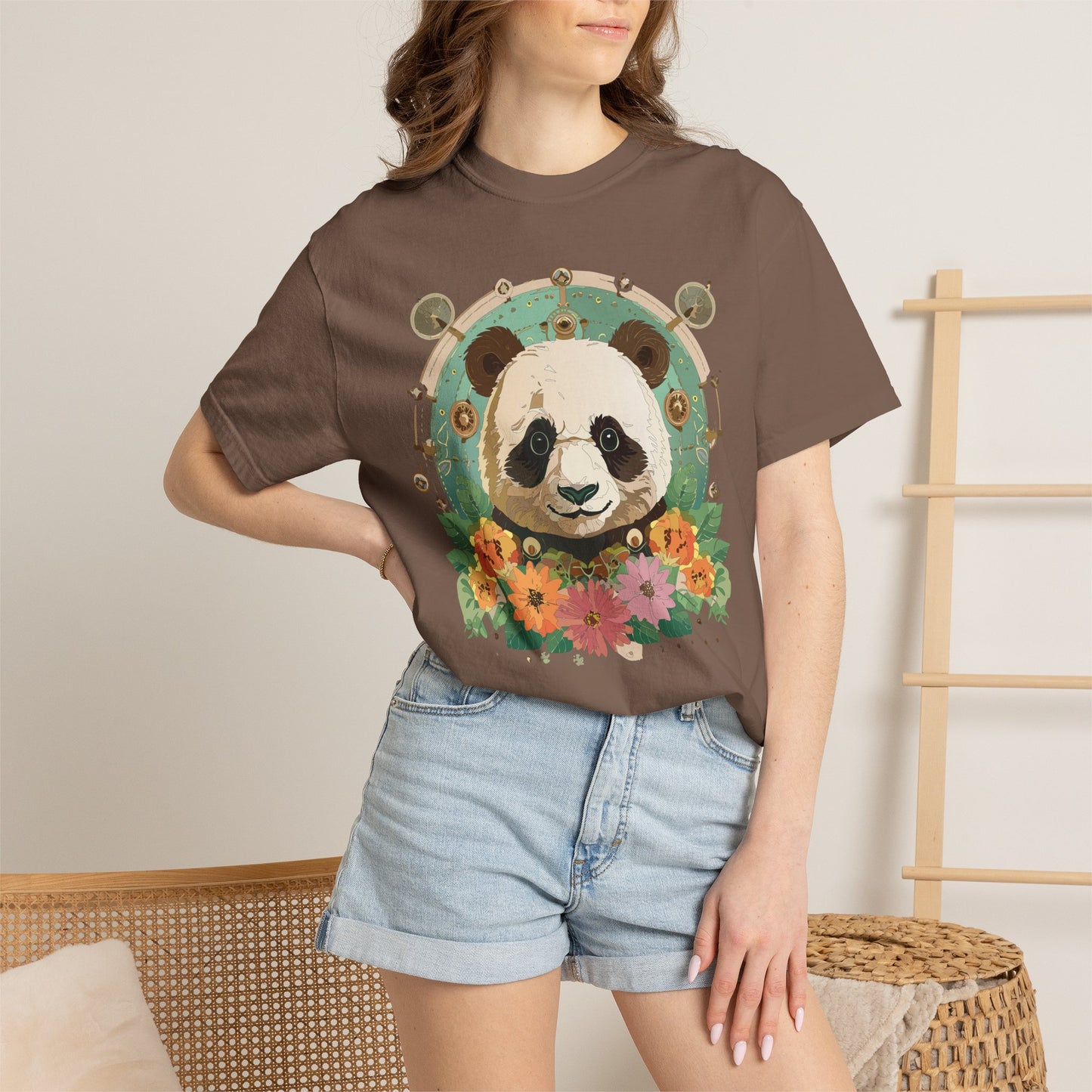 Panda Portrait T-Shirt Unisex Cotton Floral Chinese Graphic Circle Animal Art Tee p3