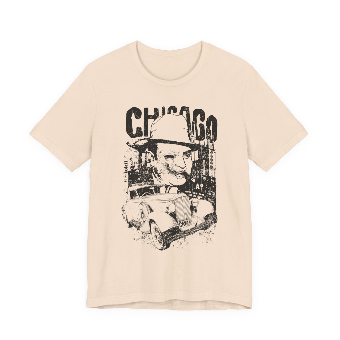 Chicago Retro Mobster Illustration Tee Vintage Car Cityscape Art Design T-Shirt A-8