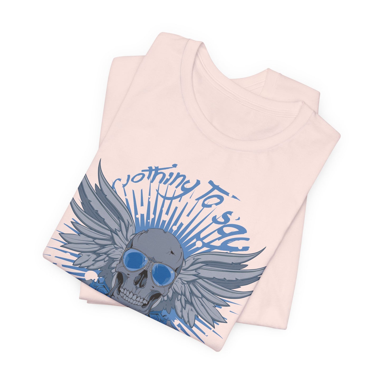 Winged Skull Graphic Tee | Blue Skull with Wings, Radiant Burst