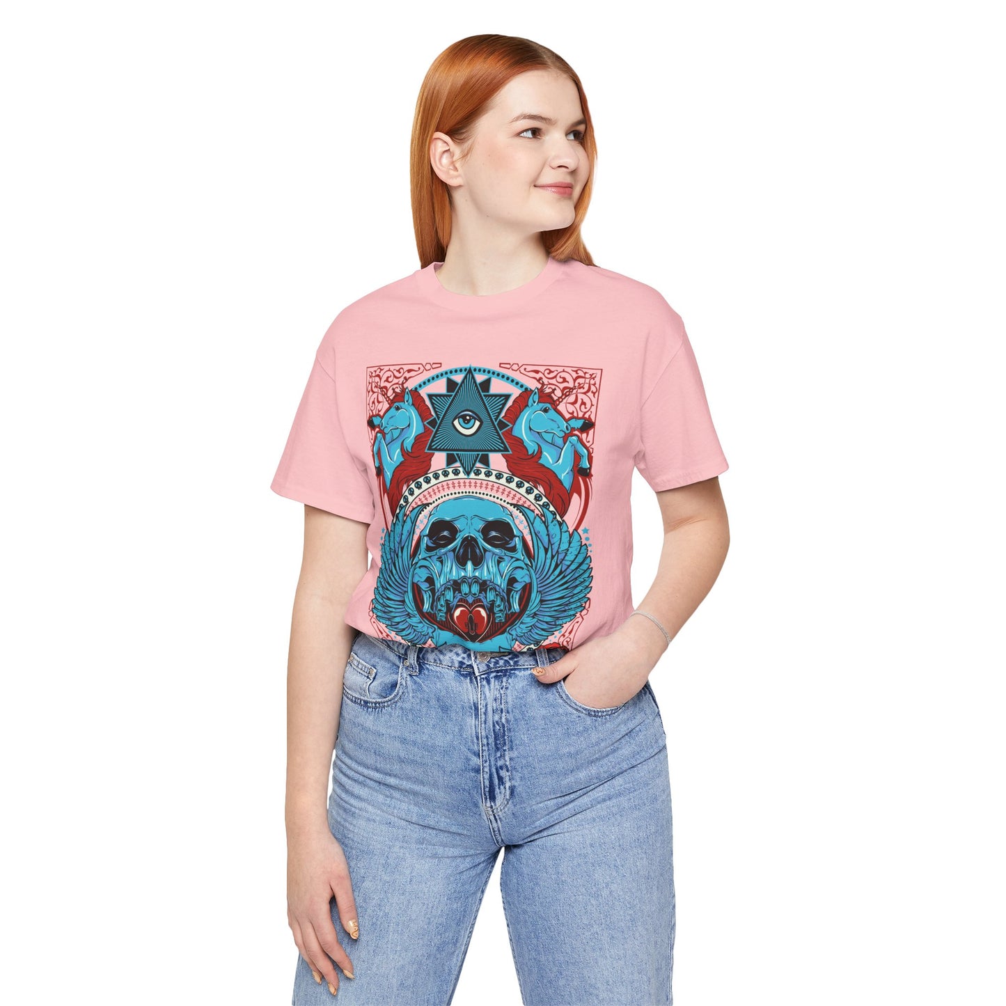 All-Seeing Skull Illustration Tee Winged Skull Third Eye Roses T-Shirt