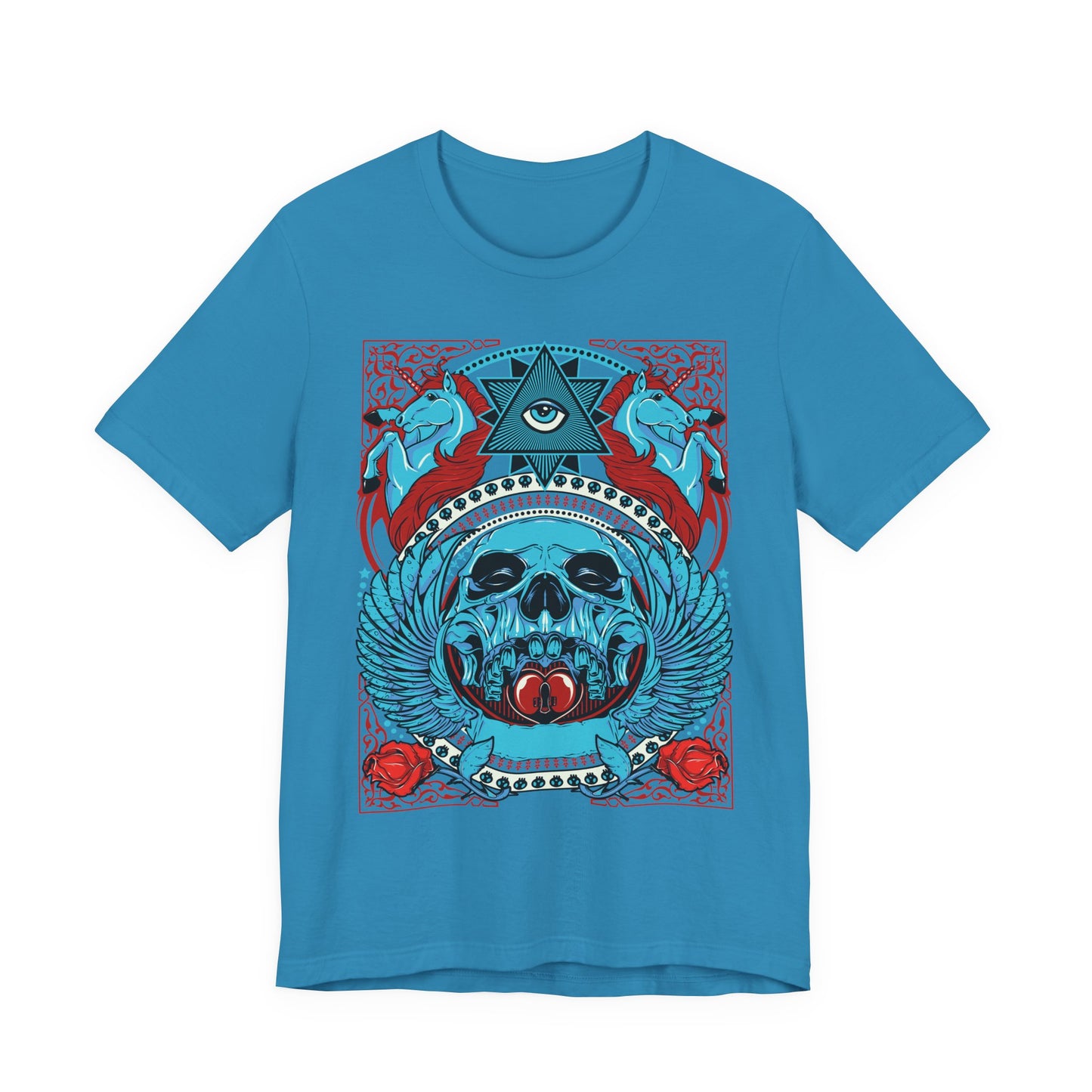 All-Seeing Skull Illustration Tee Winged Skull Third Eye Roses T-Shirt