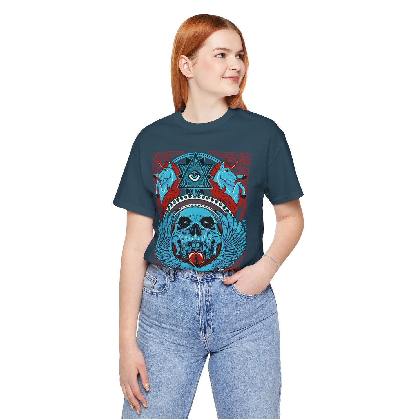 All-Seeing Skull Illustration Tee Winged Skull Third Eye Roses T-Shirt