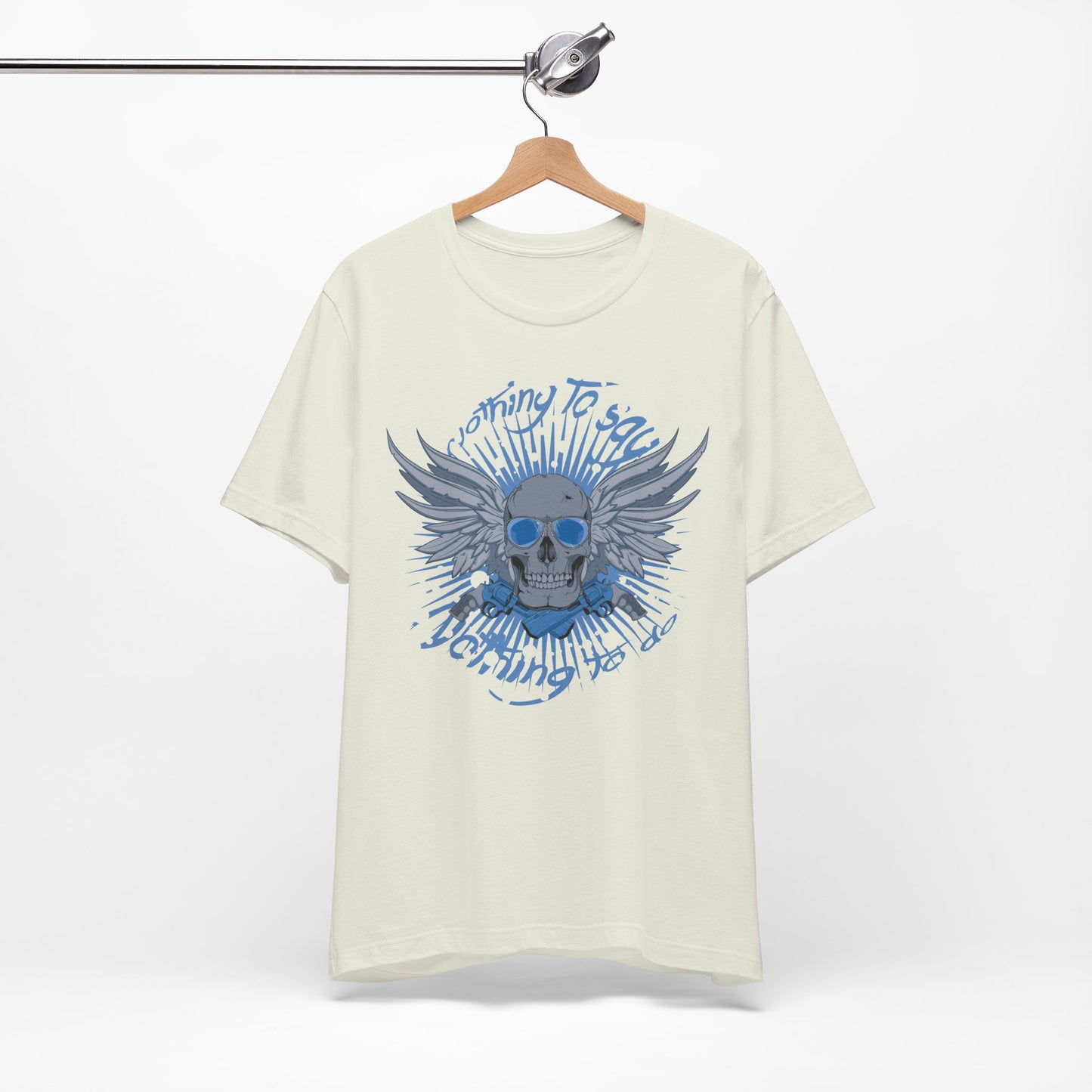 Winged Skull Graphic Tee | Blue Skull with Wings, Radiant Burst