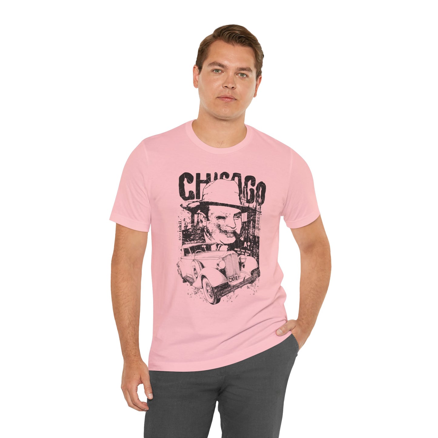Chicago Retro Mobster Illustration Tee Vintage Car Cityscape Art Design T-Shirt A-8