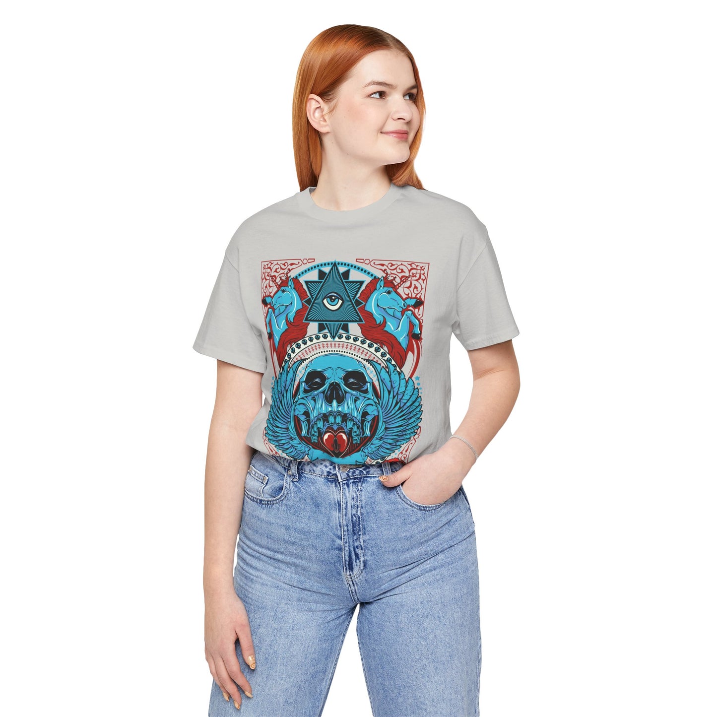 All-Seeing Skull Illustration Tee Winged Skull Third Eye Roses T-Shirt