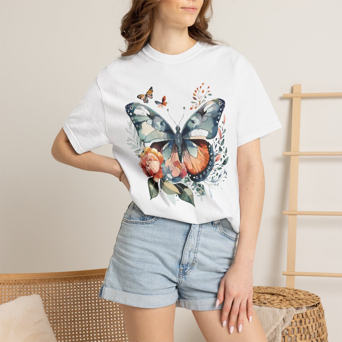 Butterfly Floral Print T-Shirt Botanical Design Unisex Heavy Cotton Tee b1