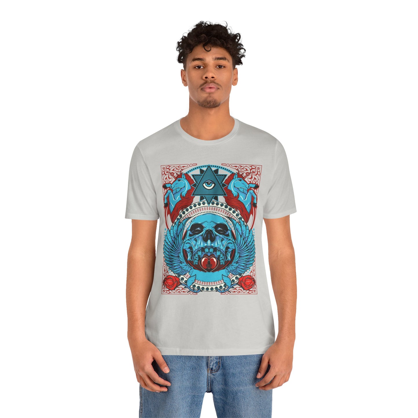 All-Seeing Skull Illustration Tee Winged Skull Third Eye Roses T-Shirt